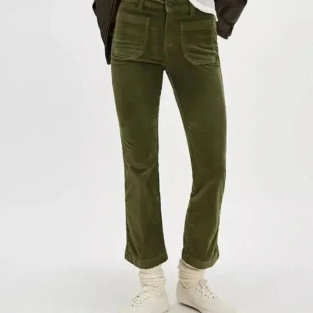 NWOT Free People High Time Velvet Kick Flare Pants Olive Army Green 12